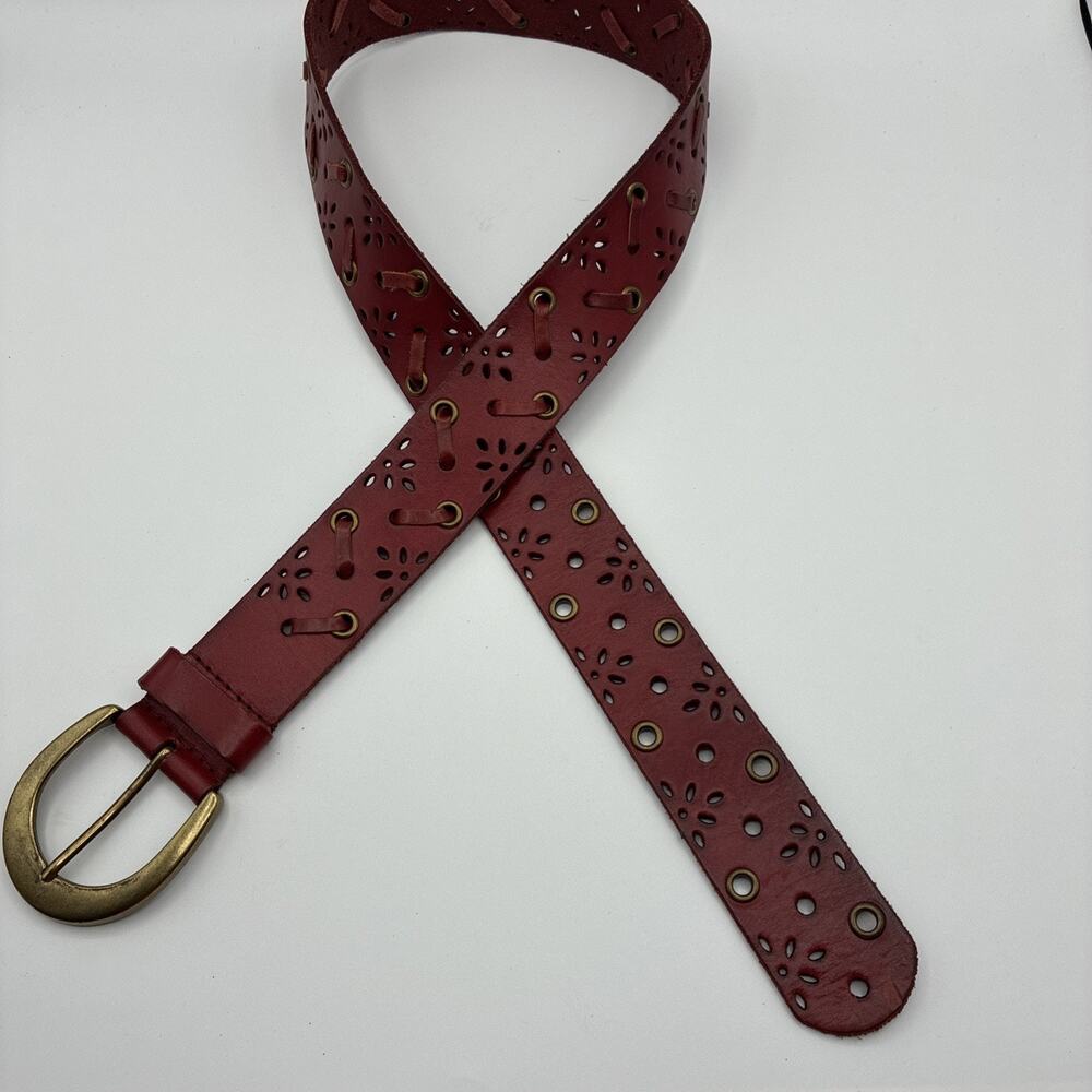 Unbranded Red Leather Belt Lazer Cut Outs Brass Buckle Horseshoe (Heavy) Vtg?